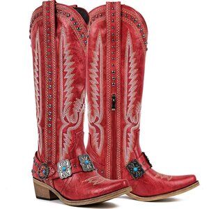 Women's Red Leather Embroidered Knee High Chunky Heels Western Cowgirl Boots